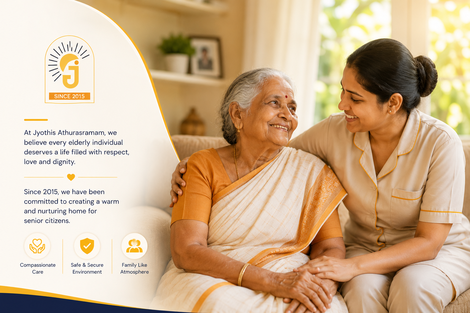 Caregiver holding hand of elderly woman in sunlit room
